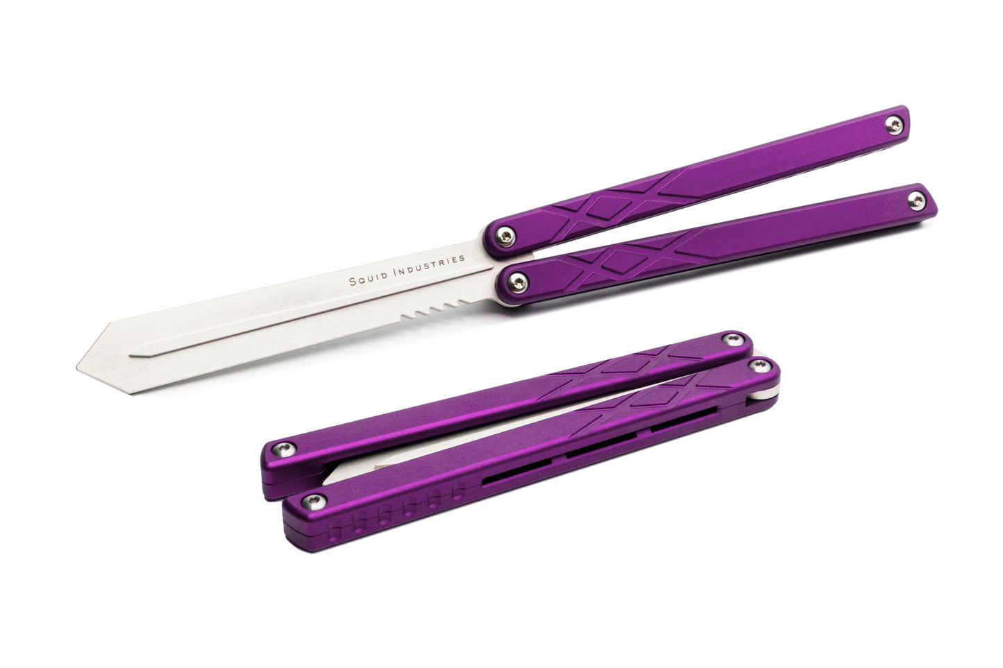 silver blade purple handles silver hardware swordfish balisosng butterfly knife trainer fidget toy