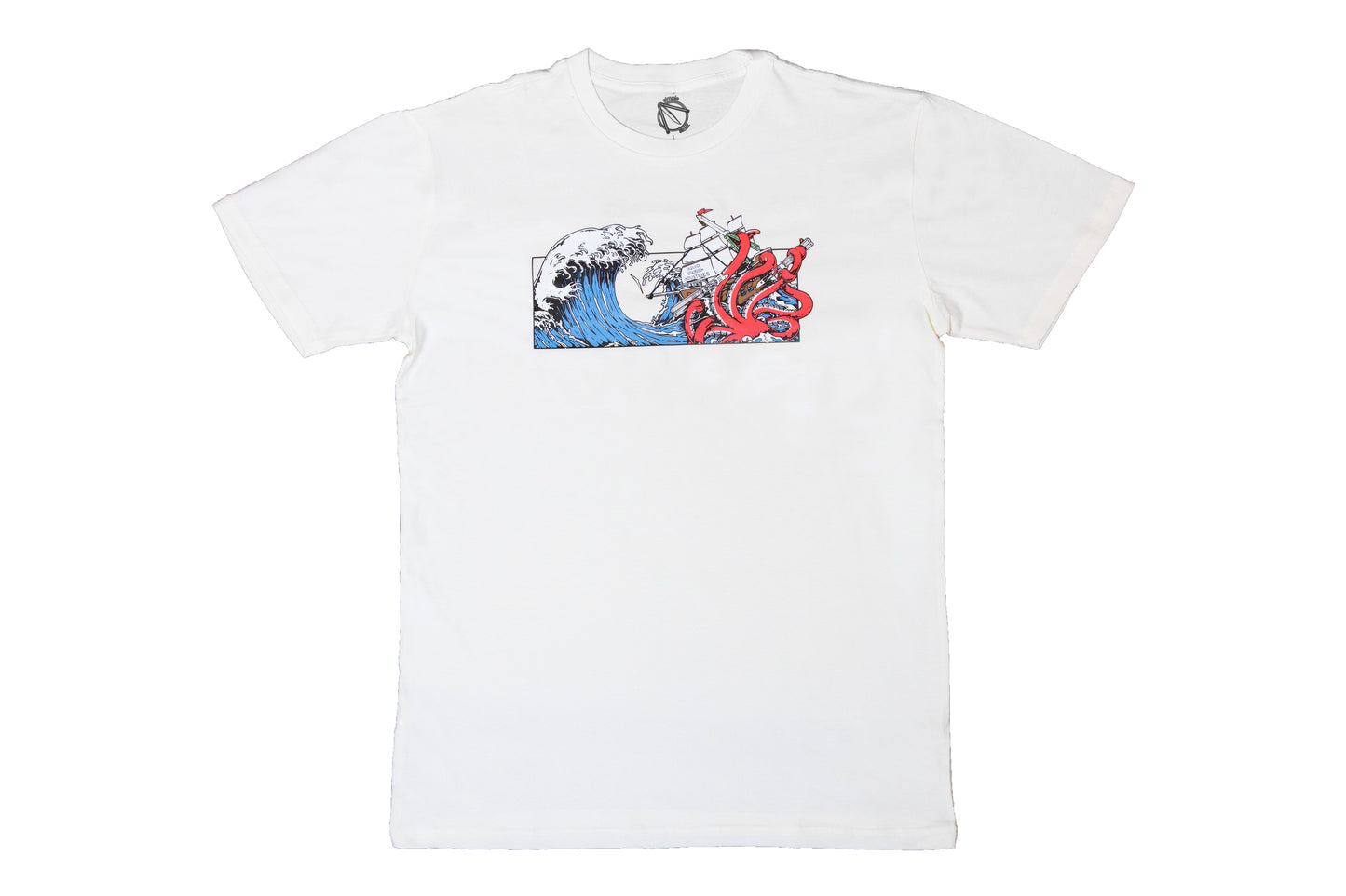 Squid Industries x Simple Stock Collaboration Off-White T-shirt featuring a Kraken in Tsunami waves holding on the Squid Industries balisongs
