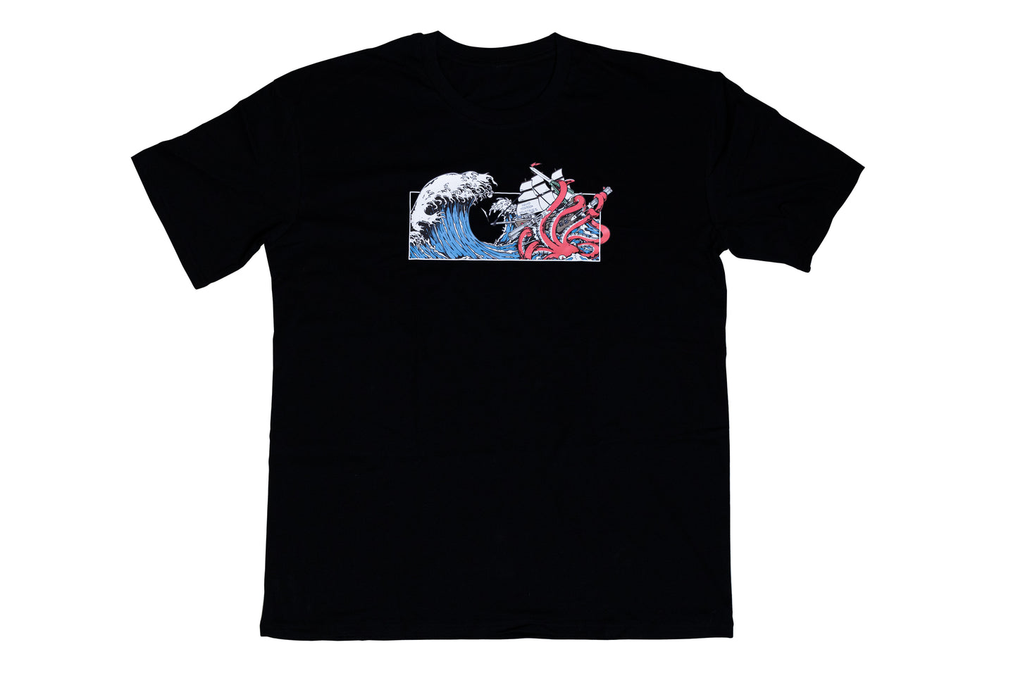 Squid Industries x Simple Stock Collaboration Black T-shirt featuring a Kraken in Tsunami waves holding on the Squid Industries balisongs