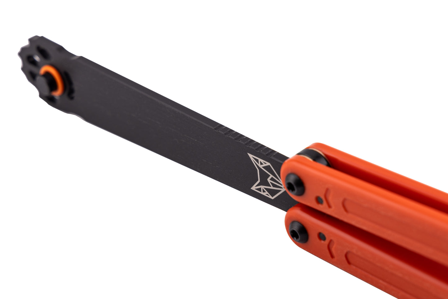 Squiddy Will Hirsch Orange handles black hardware black paw plastic trainer blade orange o-ring zoomed in fox logo
