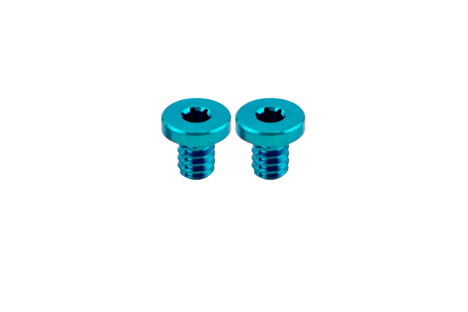 2 Teal Flat Head Titanium Screws side by side on white background