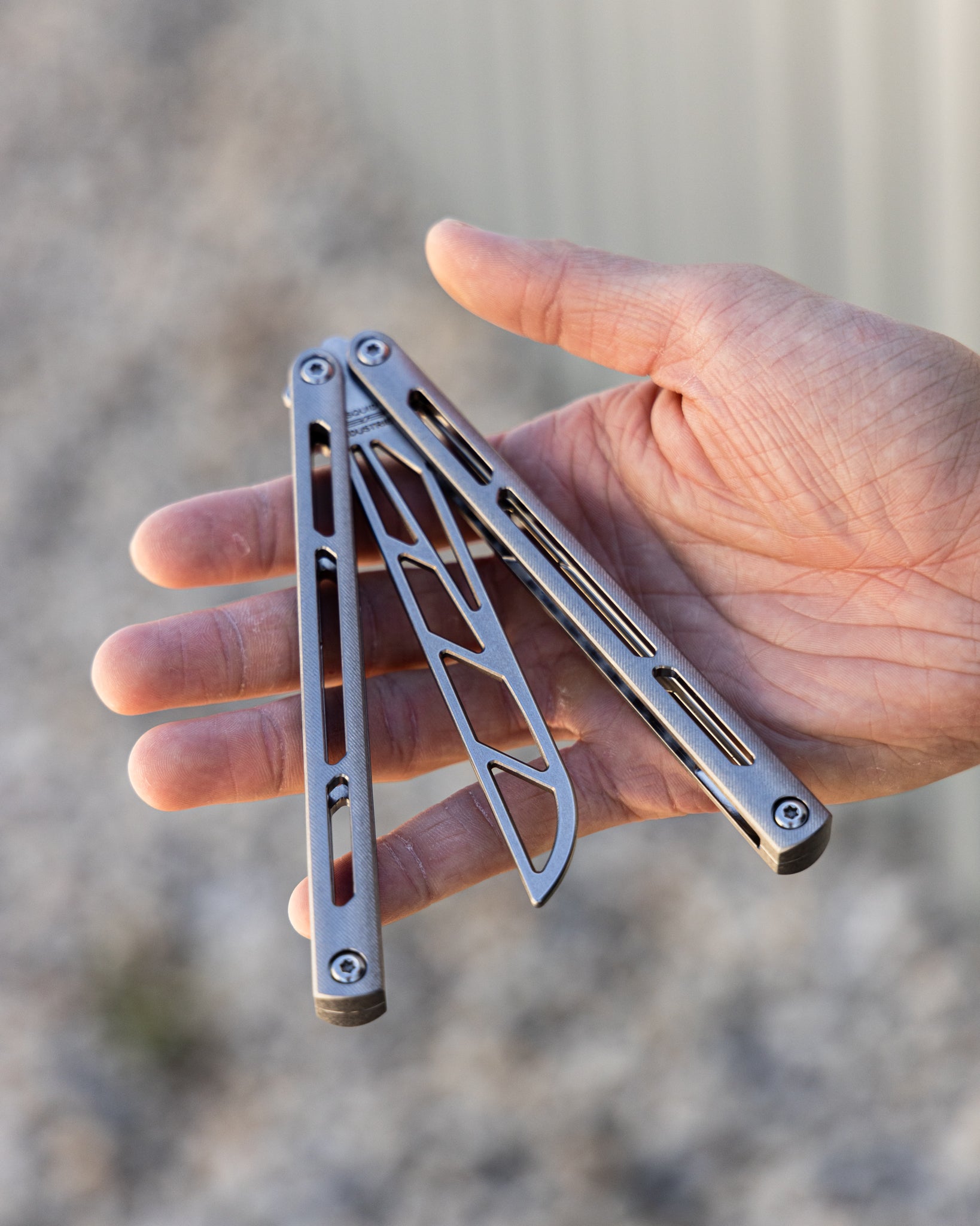 Hand holding a silver balisong trainer against a blurred natural background