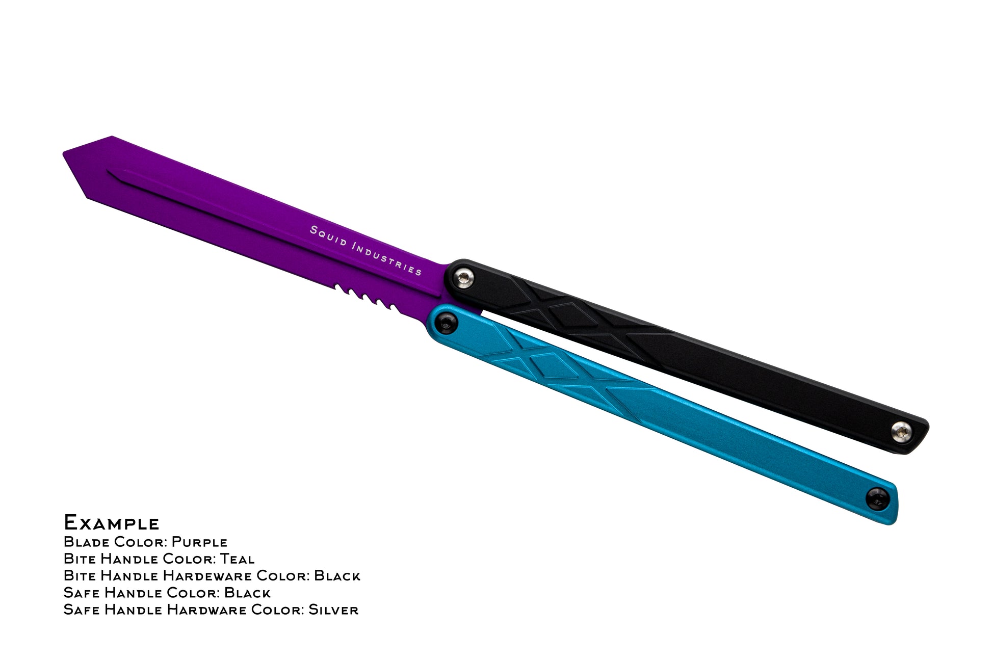 purple blade teal handle black handle black hardware silver hardware swordfish balisosng butterfly knife trainer fidget toy