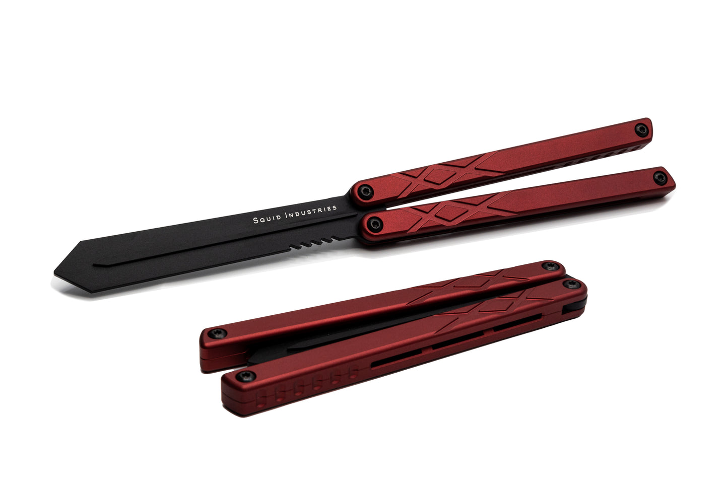 black blade red handle black hardware swordfish balisong butterfly knife trainer