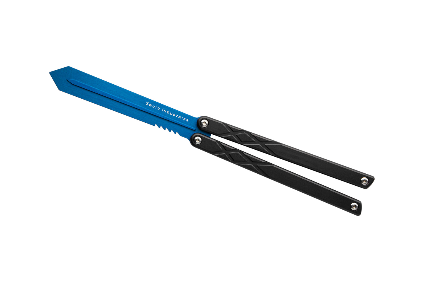 blue blade black handles silver hardware swordfish balisosng butterfly knife trainer fidget toy
