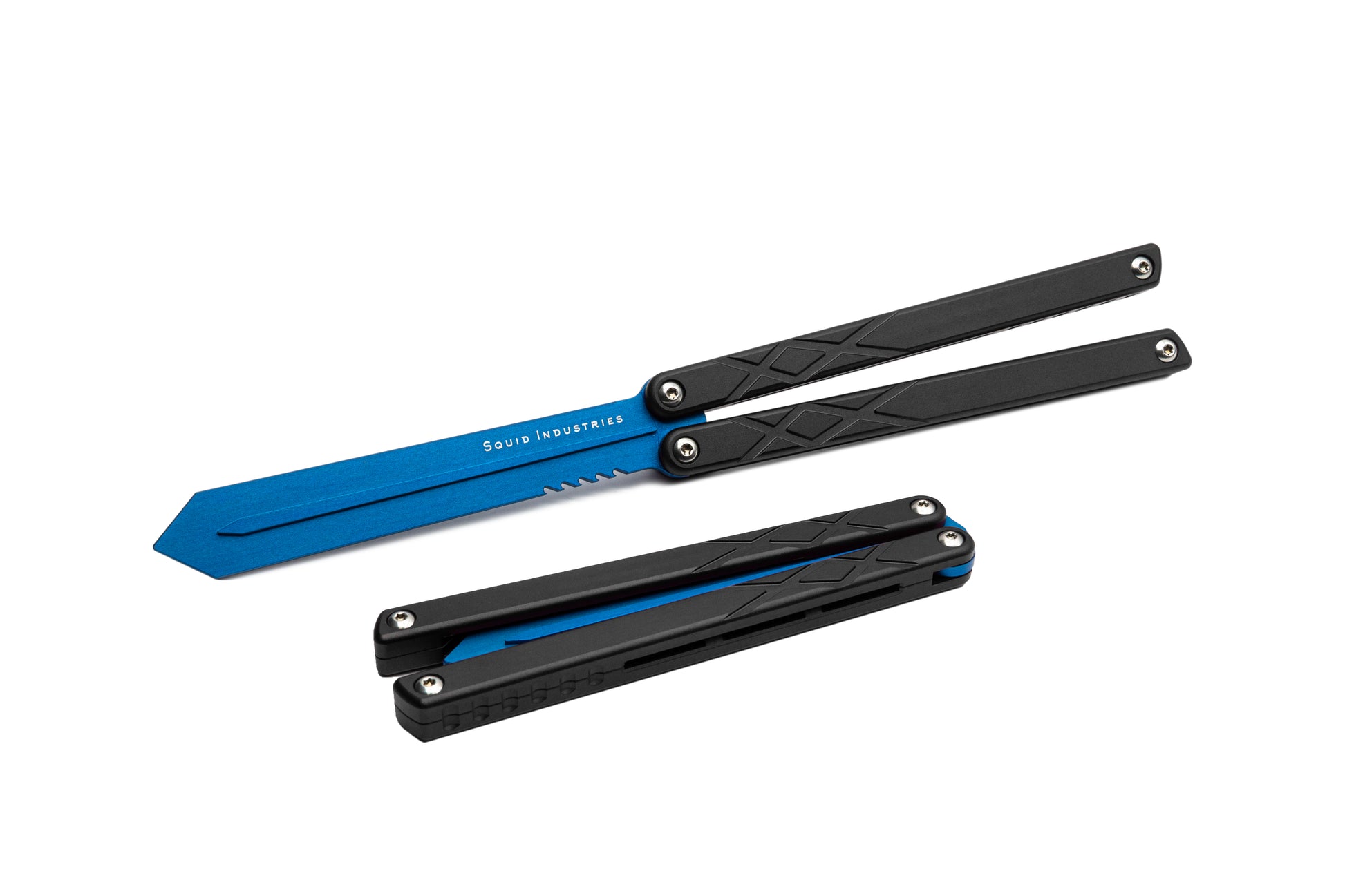 blue blade black handles silver hardware swordfish balisosng butterfly knife trainer fidget toy