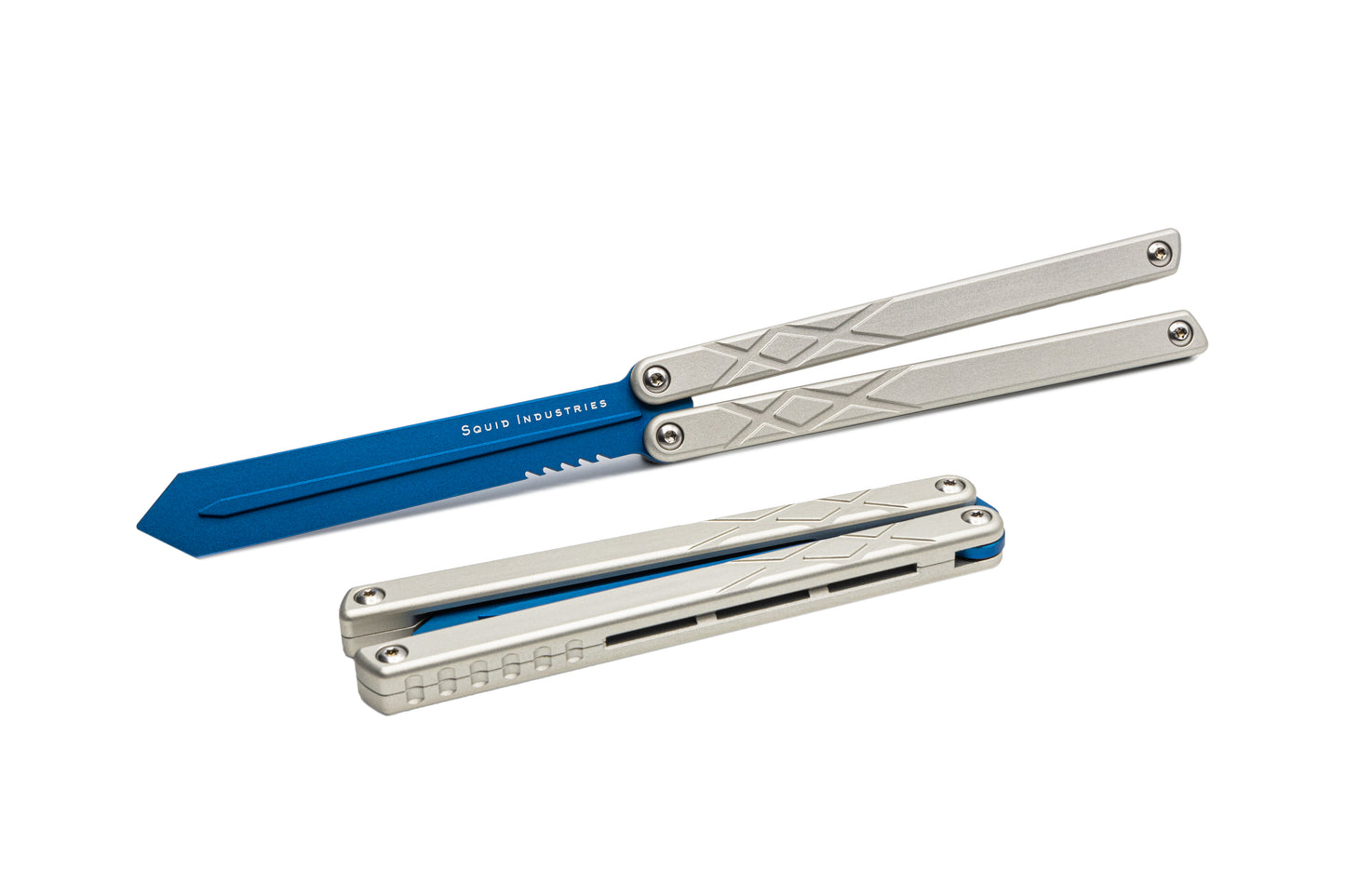blue blade silver handles silver hardware swordfish balisosng butterfly knife trainer fidget toy