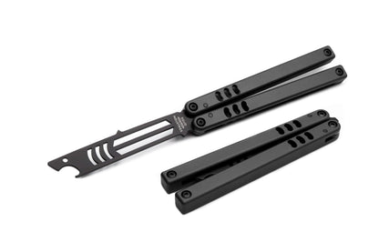 black  inked mako balisong butterfly knife trainer bottle opener