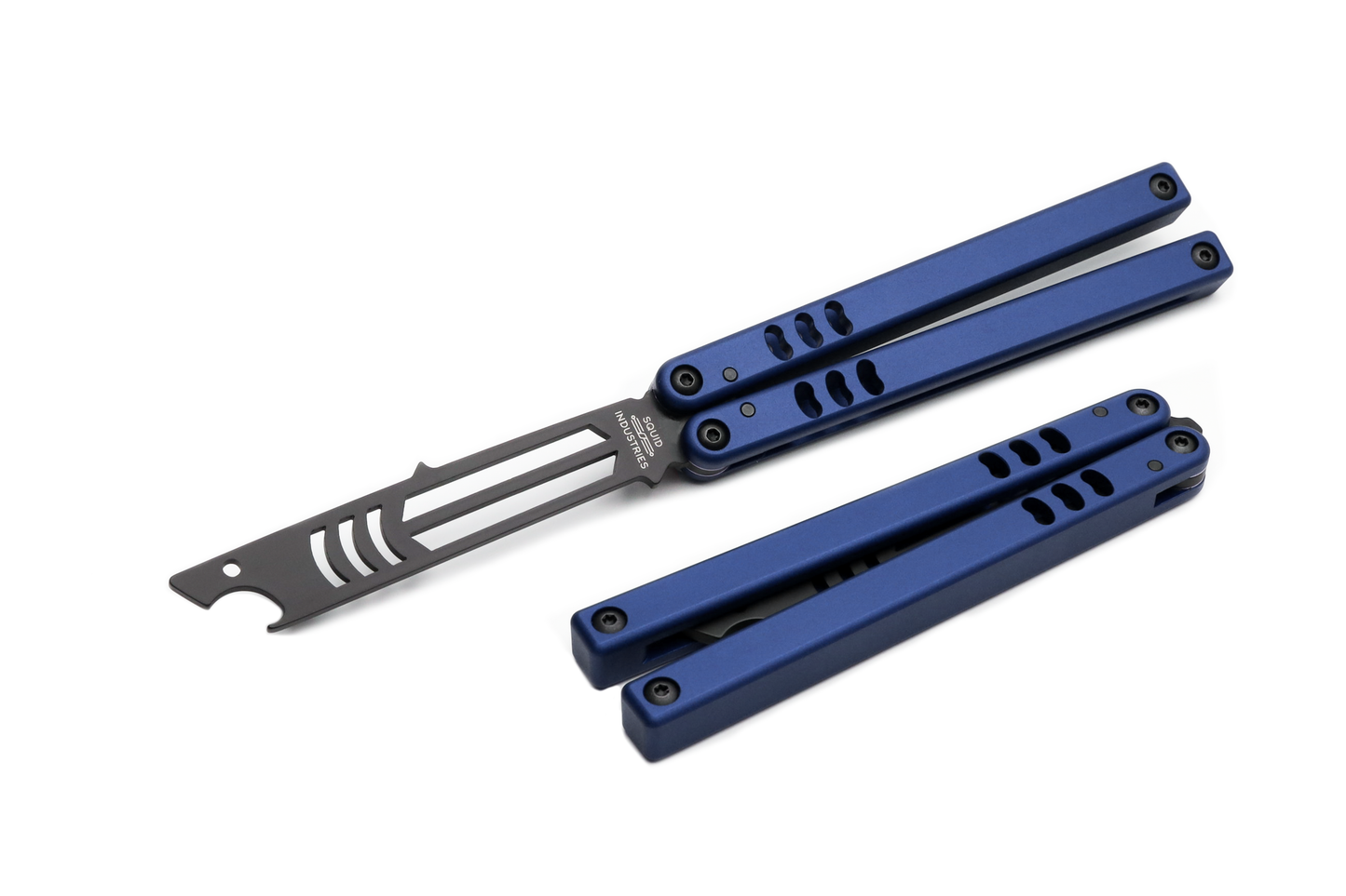 blue  inked mako balisong butterfly knife trainer bottle opener