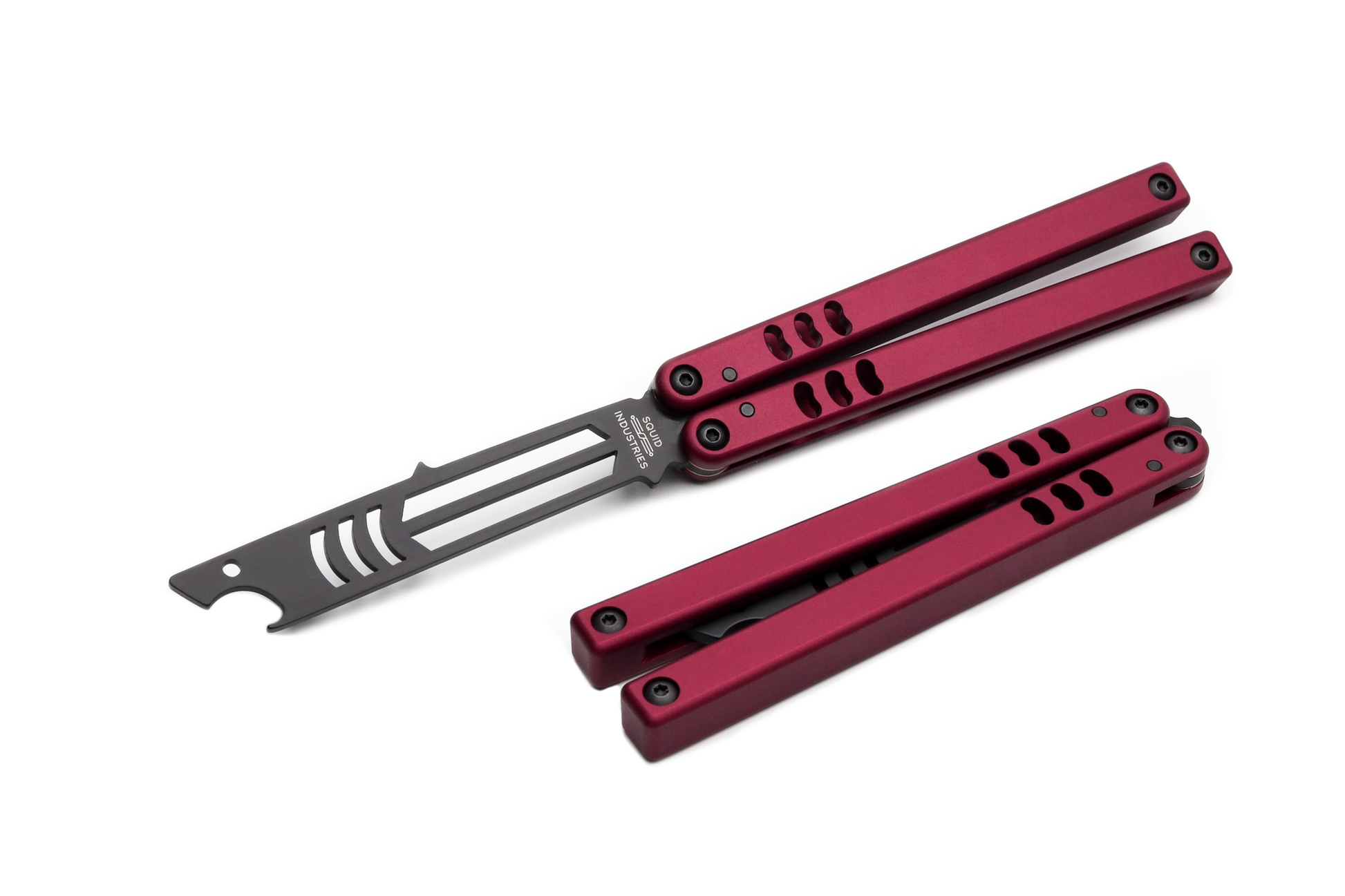 red  inked mako balisong butterfly knife trainer bottle opener