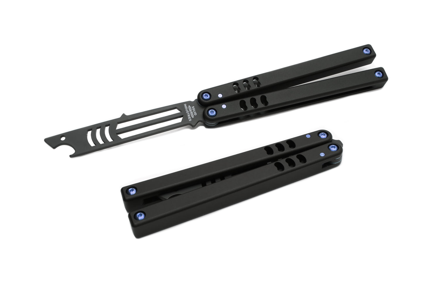 titanium blue inked black balisong butterfly knife trainer bottle open mako