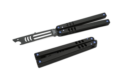 titanium blue inked black balisong butterfly knife trainer bottle open mako