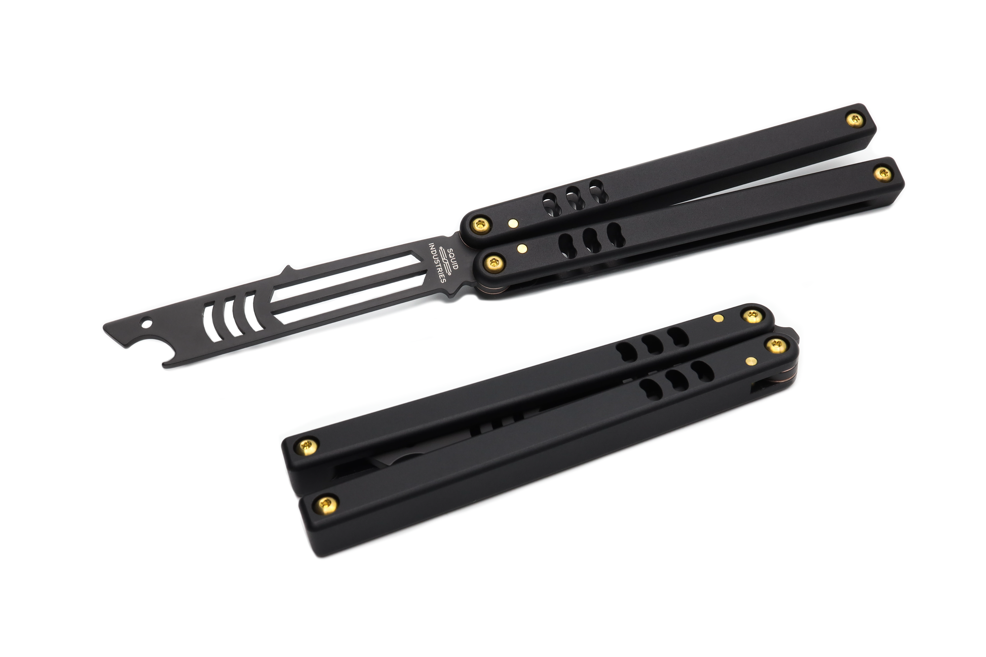 titanium gold inked blacks balisong butterfly knife trainer bottle open mako