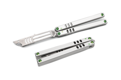 titanium green silver balisong butterfly knife trainer bottle open mako
