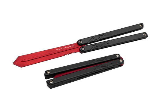 red blade black handles silver hardware swordfish balisosng butterfly knife trainer fidget toy