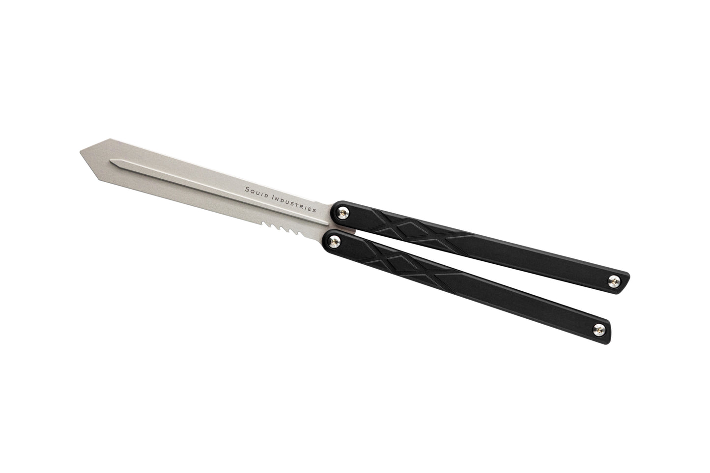silver blade black handles silver hardware swordfish balisosng butterfly knife trainer fidget toy