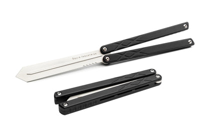 silver blade black handles silver hardware swordfish balisosng butterfly knife trainer fidget toy