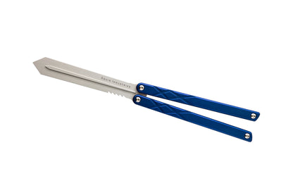 silver blade blue handles silver hardware swordfish balisosng butterfly knife trainer fidget toy