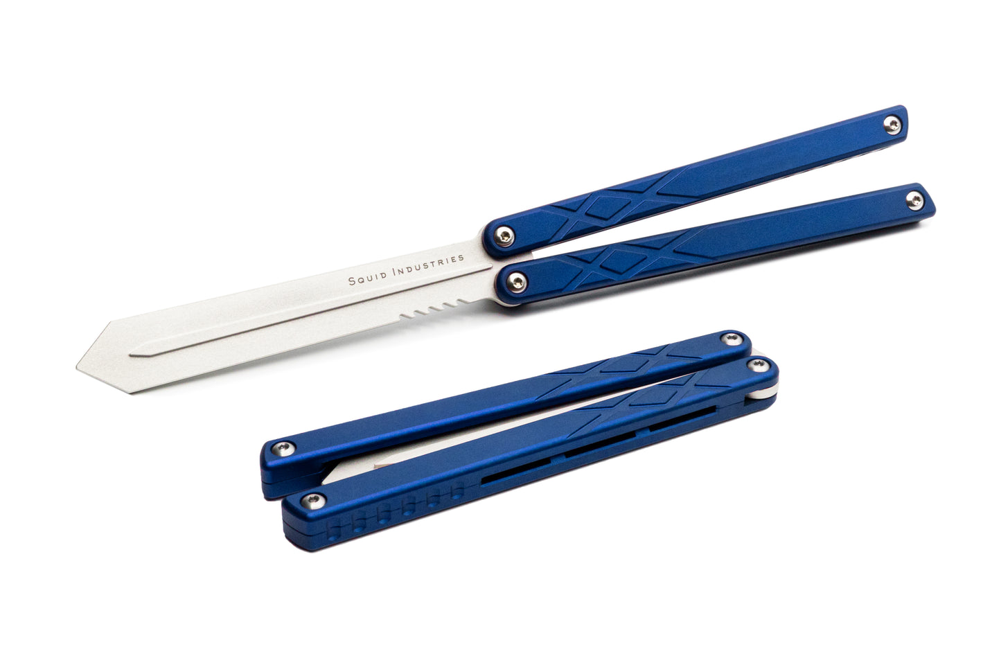 silver blade blue handles silver hardware swordfish balisosng butterfly knife trainer fidget toy