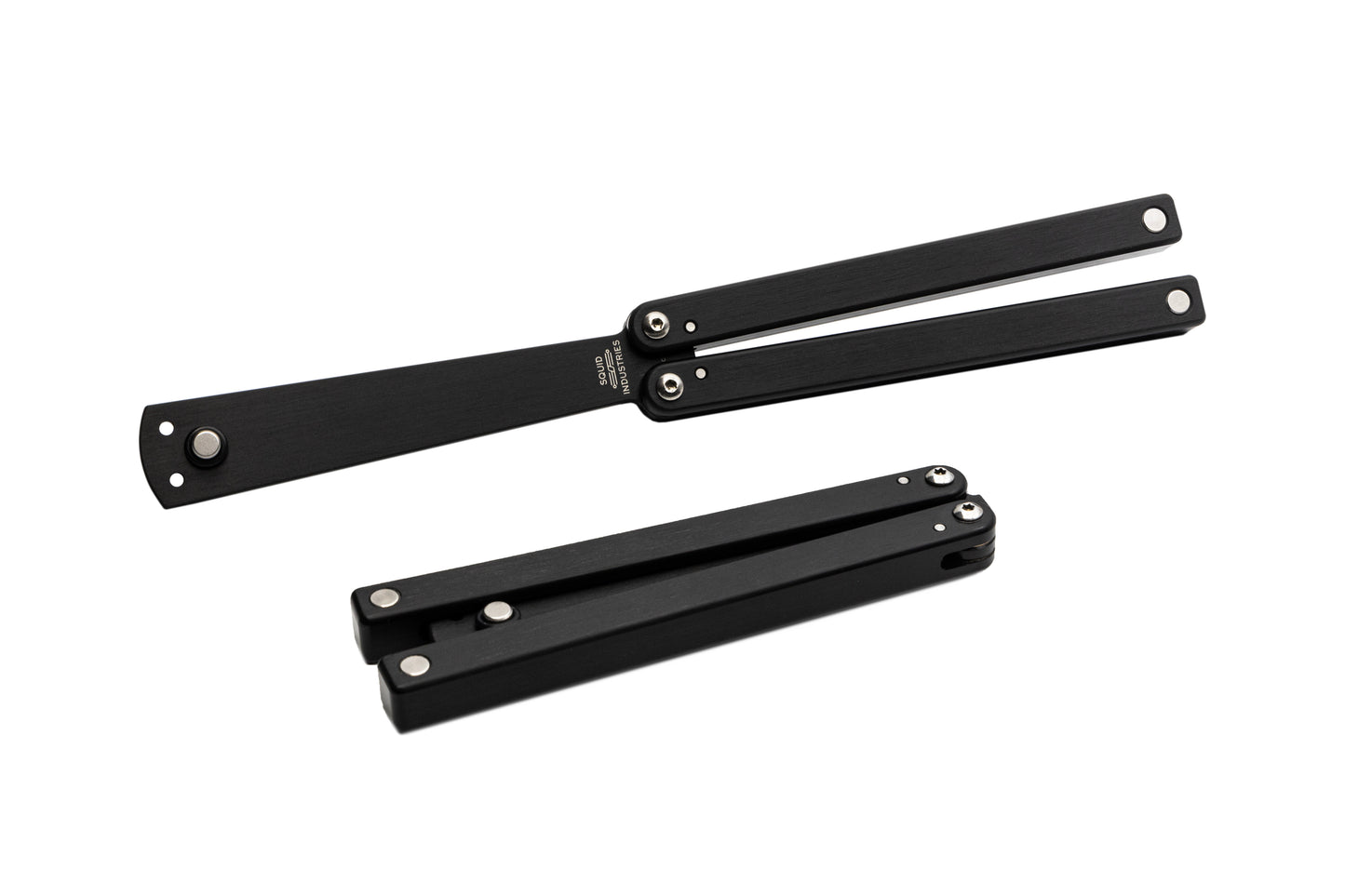 Squiddy-b balisong butterfly knife trainer fidget toy with silver hardware
