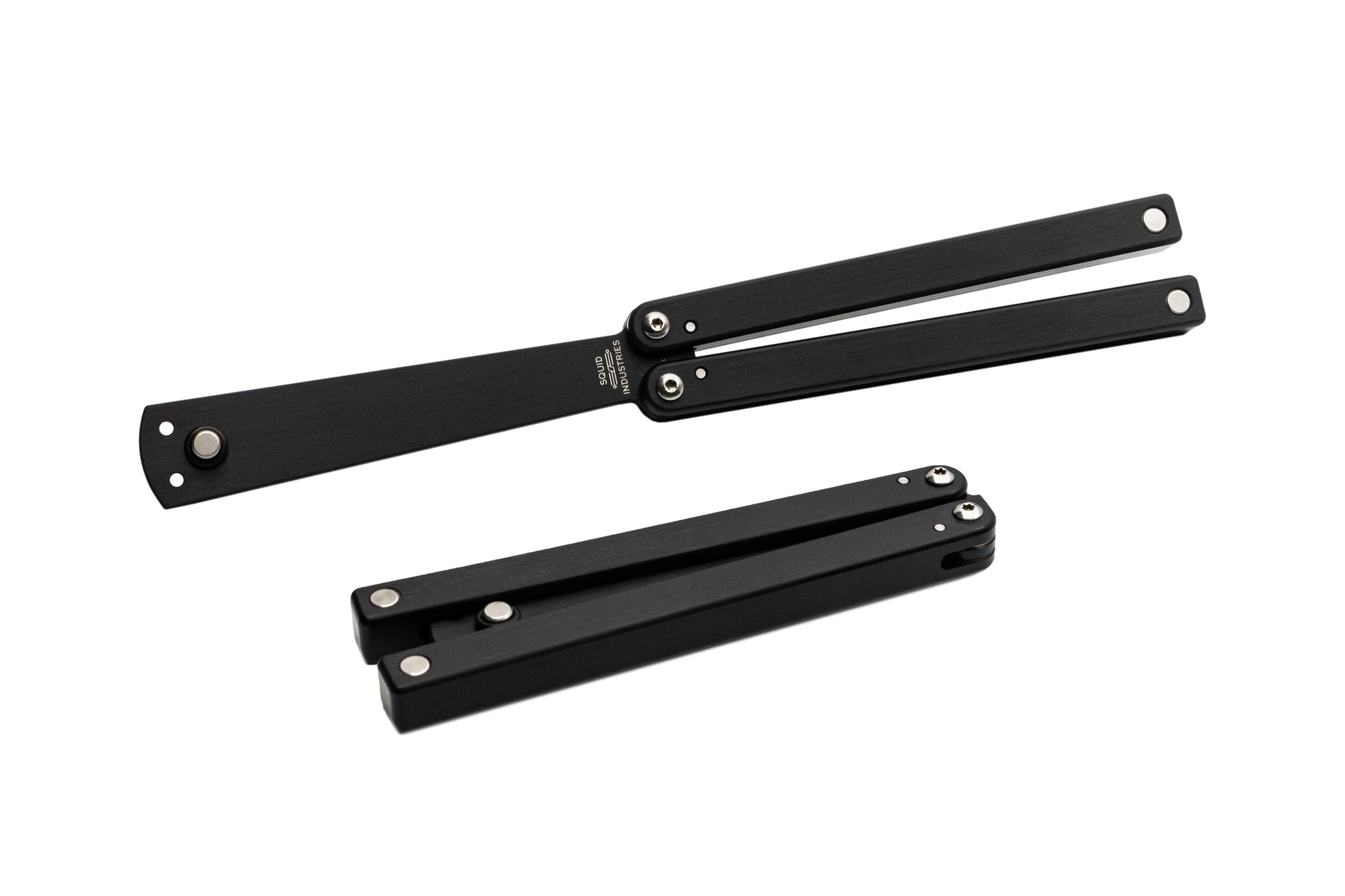 Squiddy-b balisong butterfly knife trainer fidget toy with silver hardware
