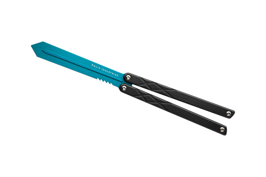 teal blade black handles silver hardware swordfish balisosng butterfly knife trainer fidget toy