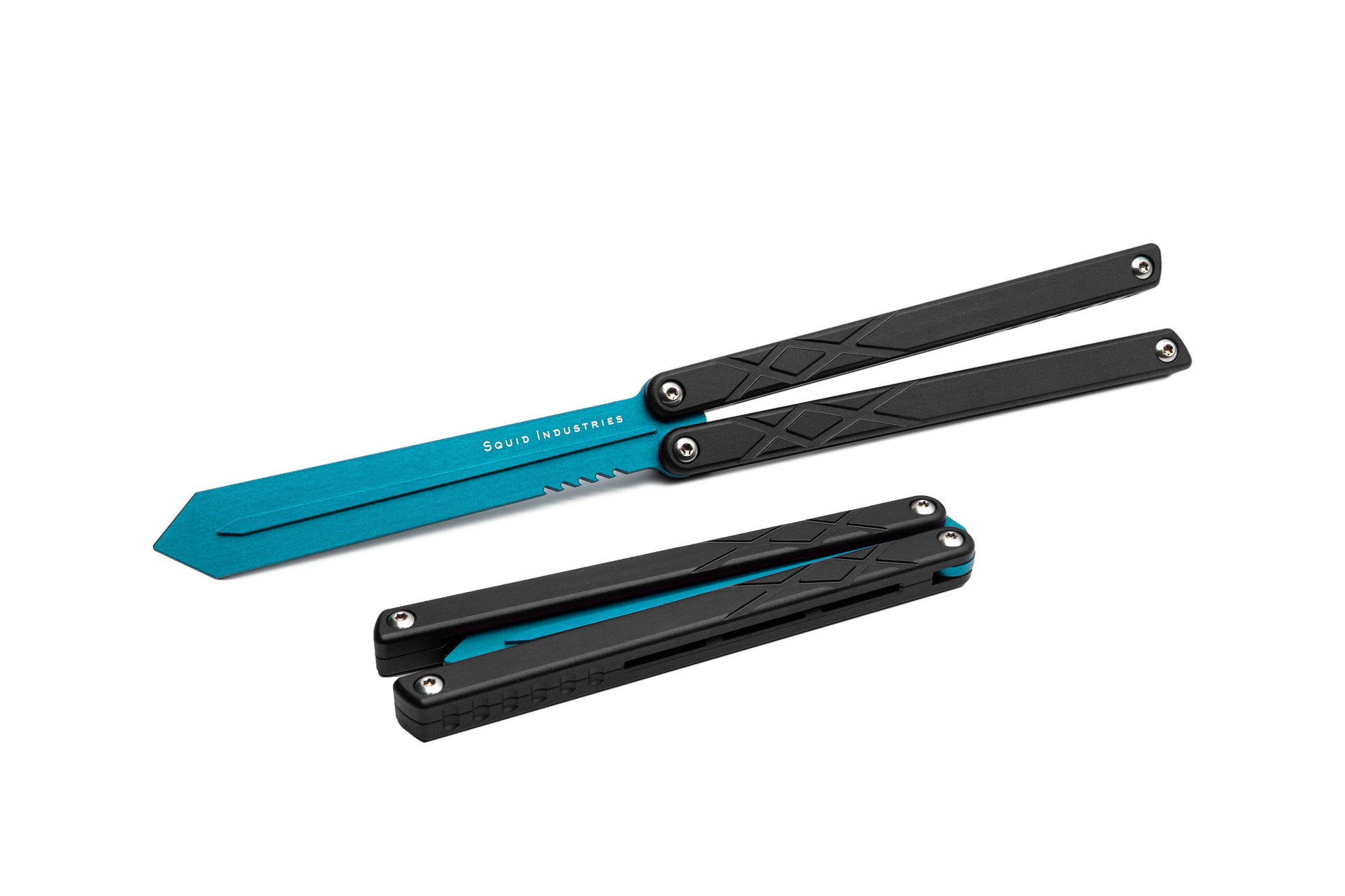 teal blade black handles silver hardware swordfish balisosng butterfly knife trainer fidget toy