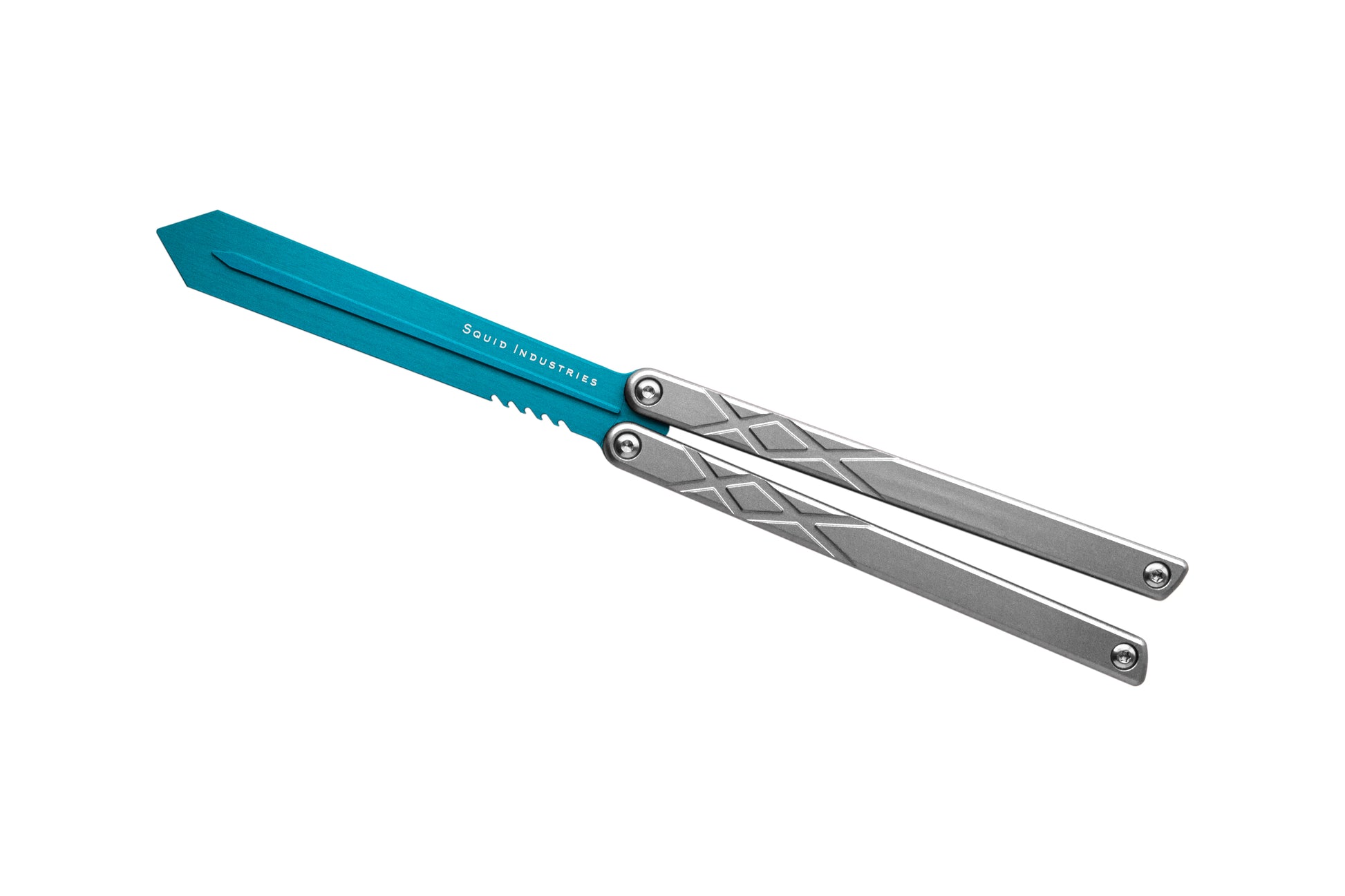 teal blade silver handles silver hardware swordfish balisosng butterfly knife trainer fidget toy