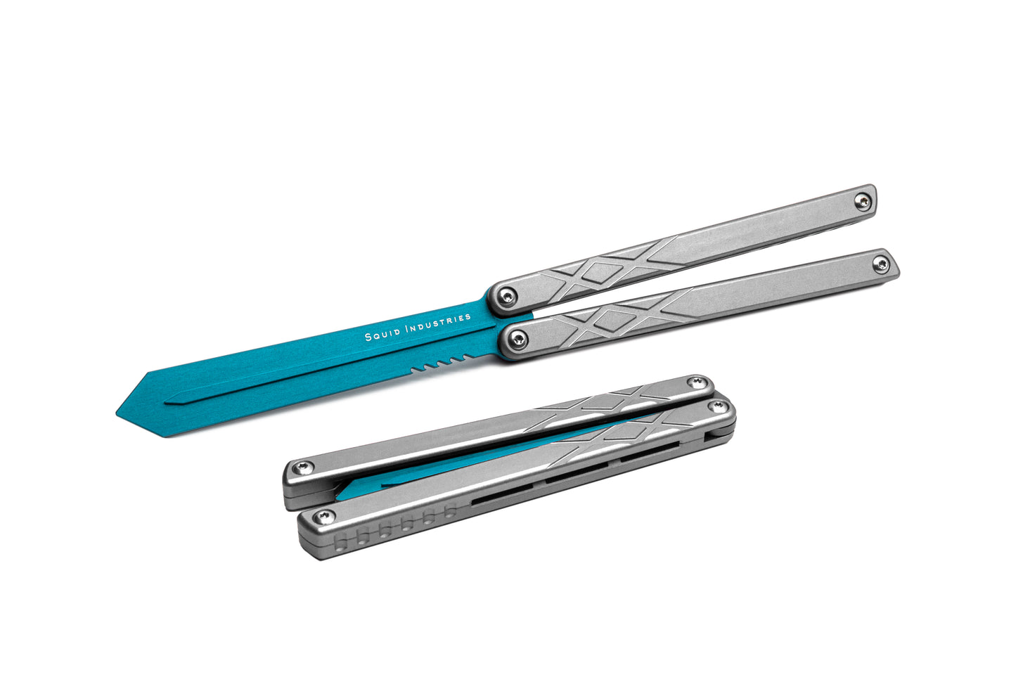 teal blade silver handles silver hardware swordfish balisosng butterfly knife trainer fidget toy