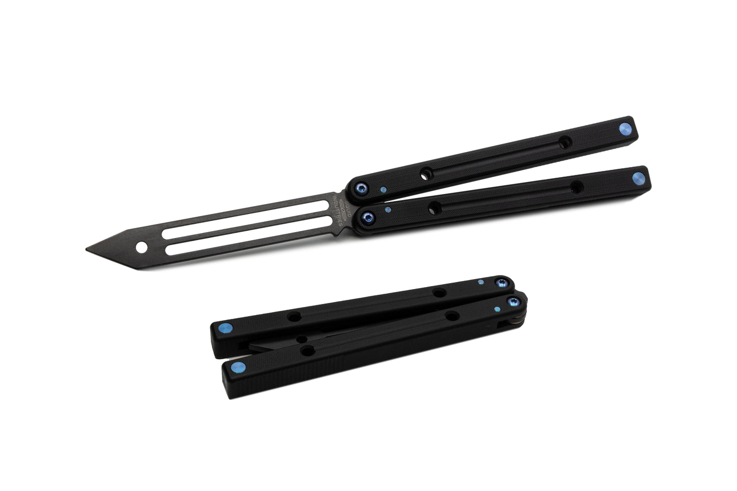 blue titanium inked black squidtrainer v4 balisong butterfly knife trainer  