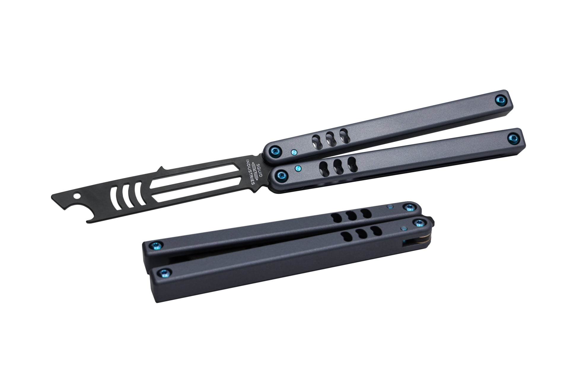 titanium teal gunmeteal balisong butterfly knife trainer bottle open mako