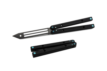 inked black teal titanium squidtrainer v4 balisong butterfly knife trainer  