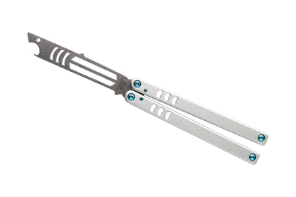 titanium teal silver balisong butterfly knife trainer bottle open mako